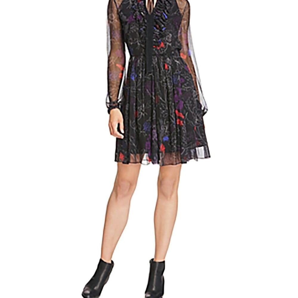 Elie Tahari Desi black floral silk chiffon sheer long sleeved dress Size 6